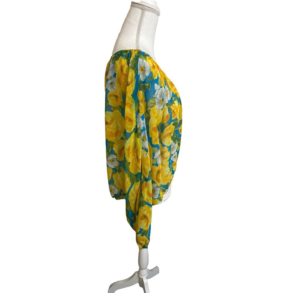 Ambiance Apparel Blouse Women's L Blue & Yellow Floral Semi Sheer Long Sleeve - Picture 2 of 6